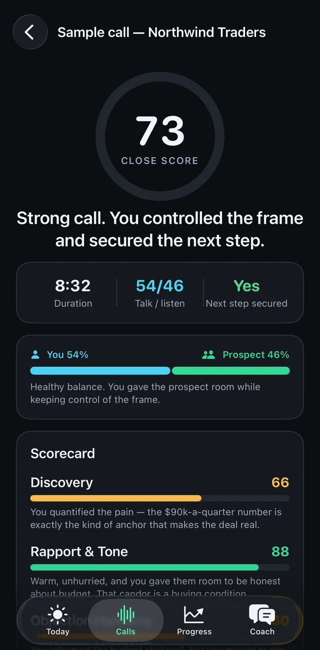 Call scorecard with Close Score
